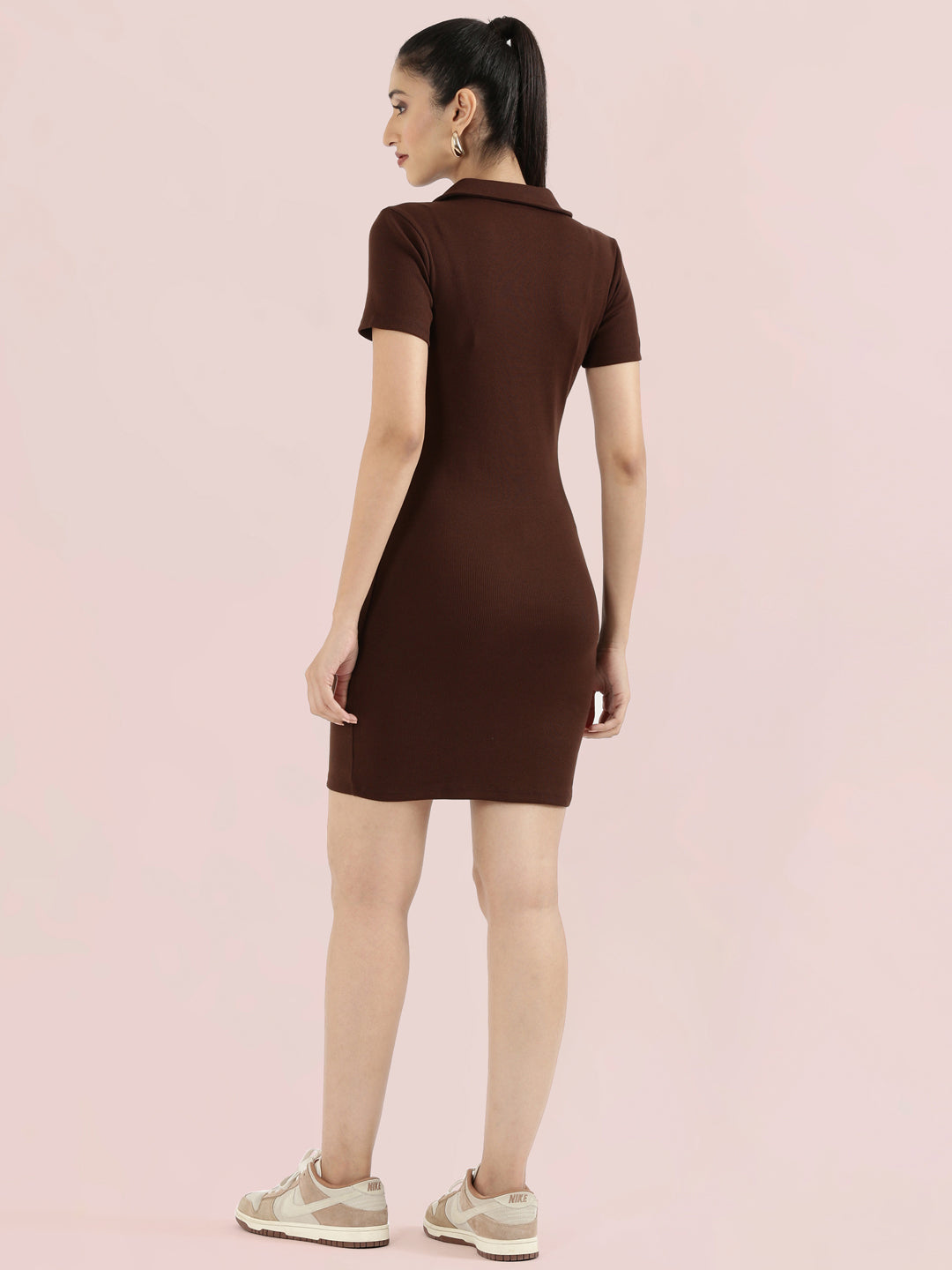 Rib Cotton Slim Fit Polo Neck Short Dress