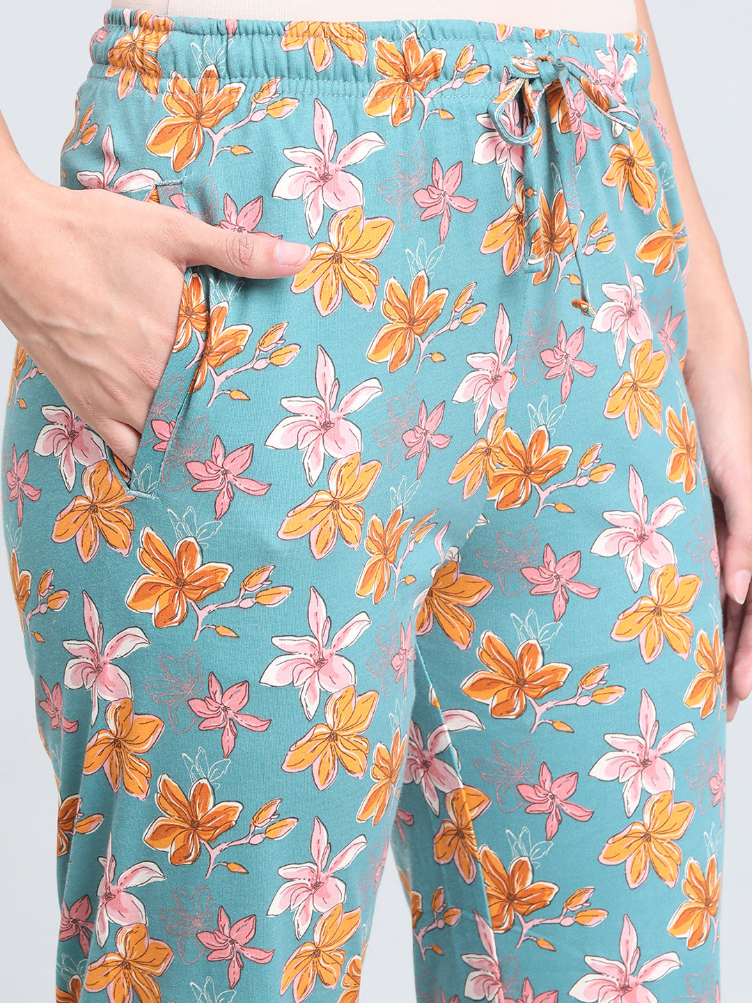 Green Cotton Knit Printed Lounge Pants