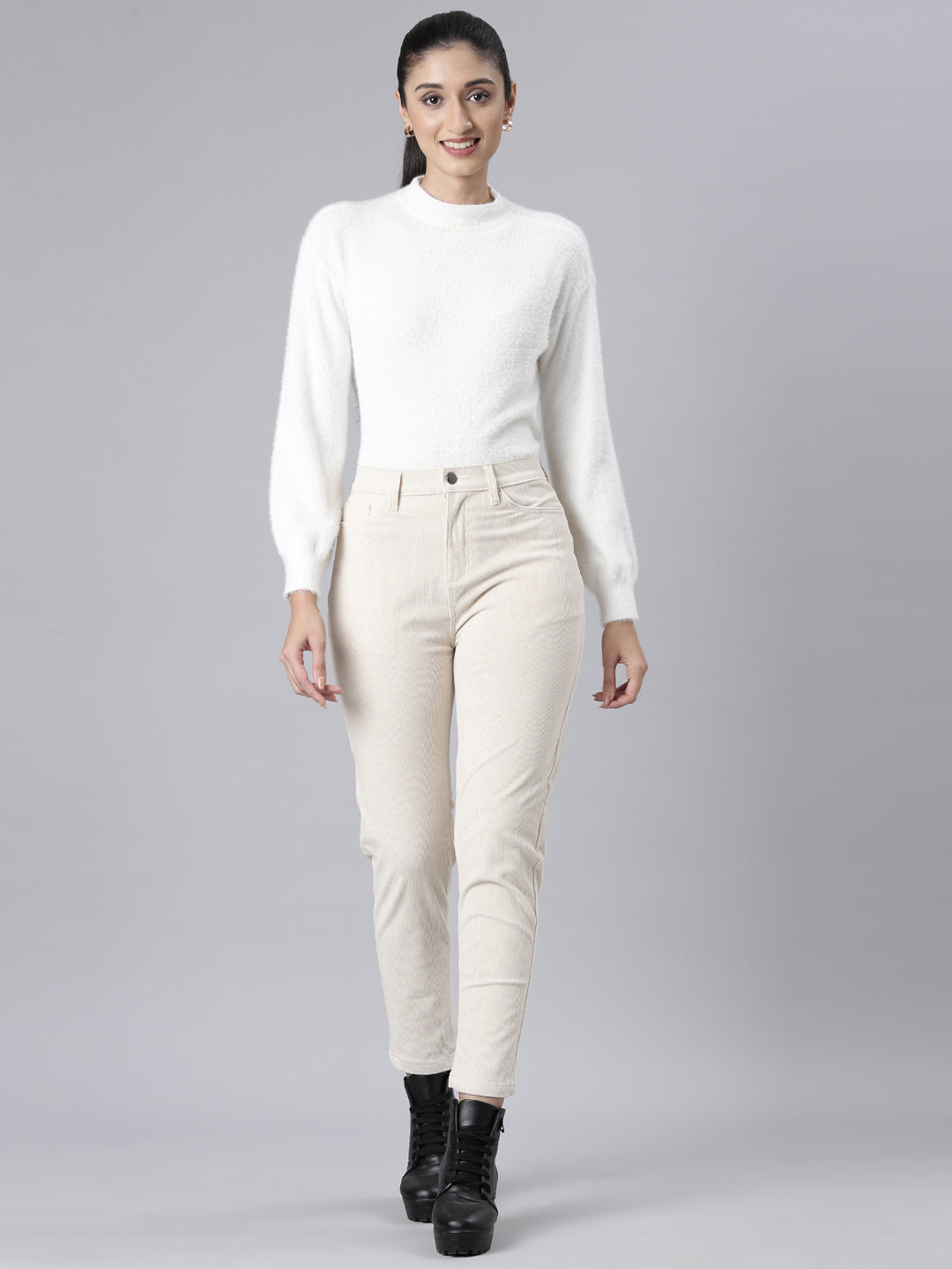 Cream Tight Knit Corduroy Pants