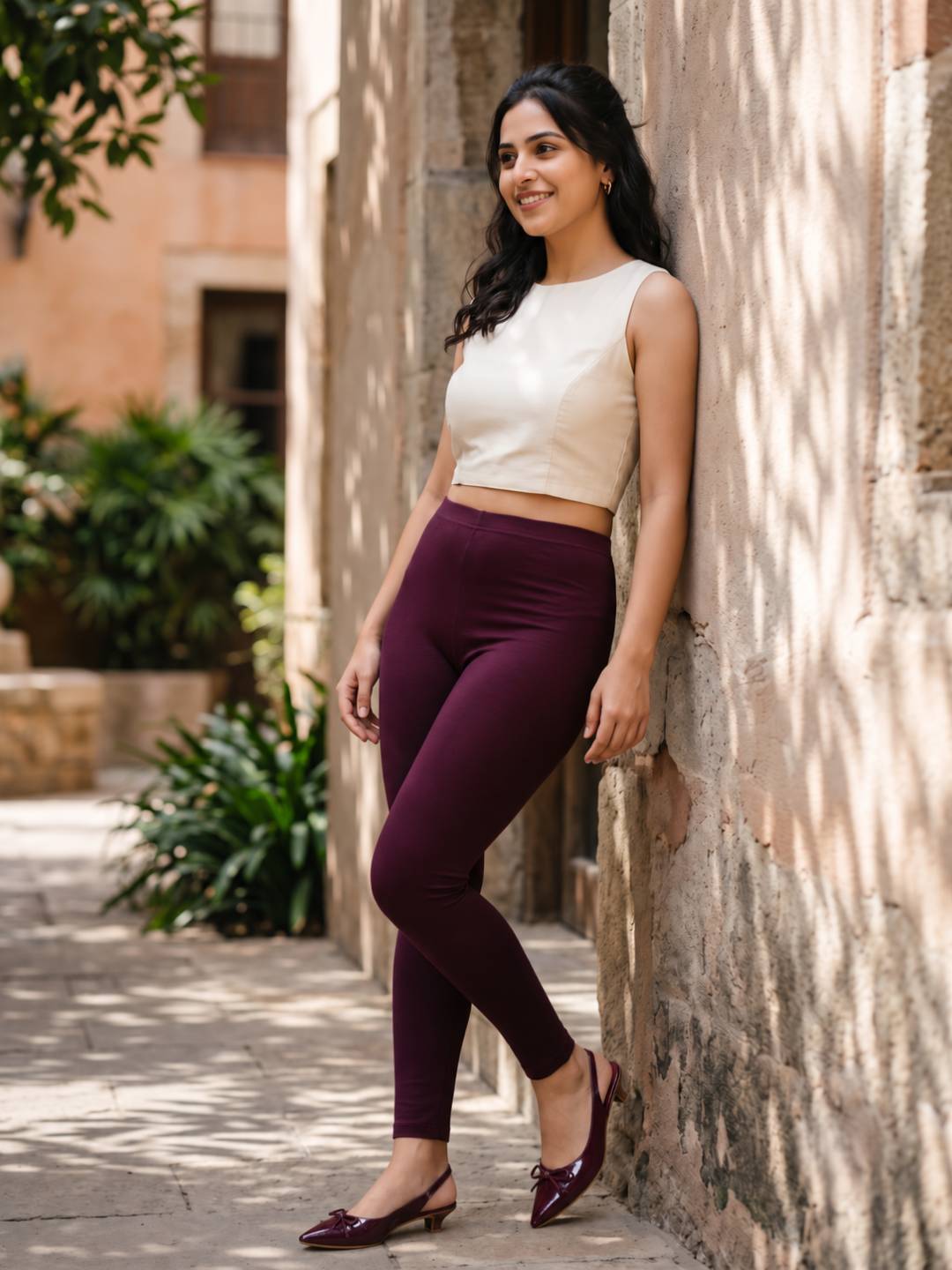 Dark Purple Cotton Stretch Ankle Length Leggings