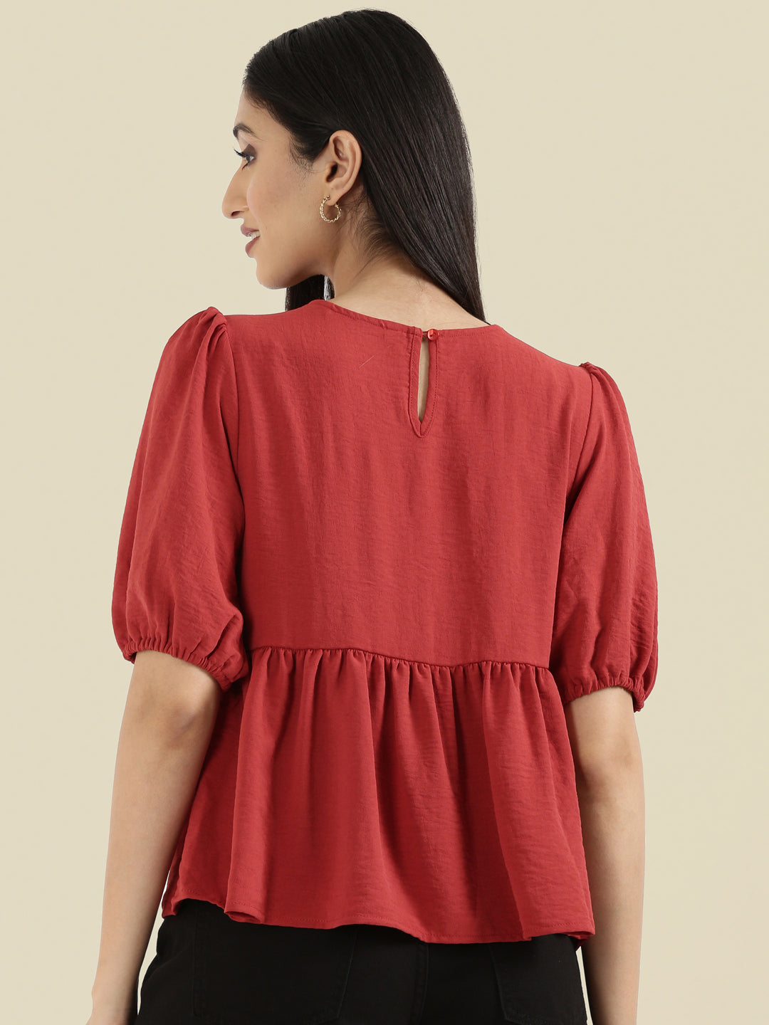 Hammered Crew Neck Peplum Top