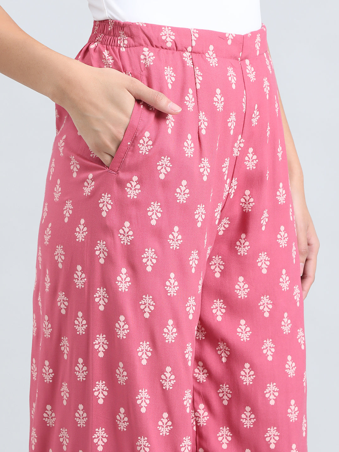 Medium Pink Woven Viscose Printed Palazzo