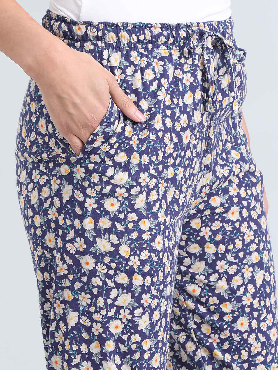 Navy Cotton Knit Printed Lounge Pants