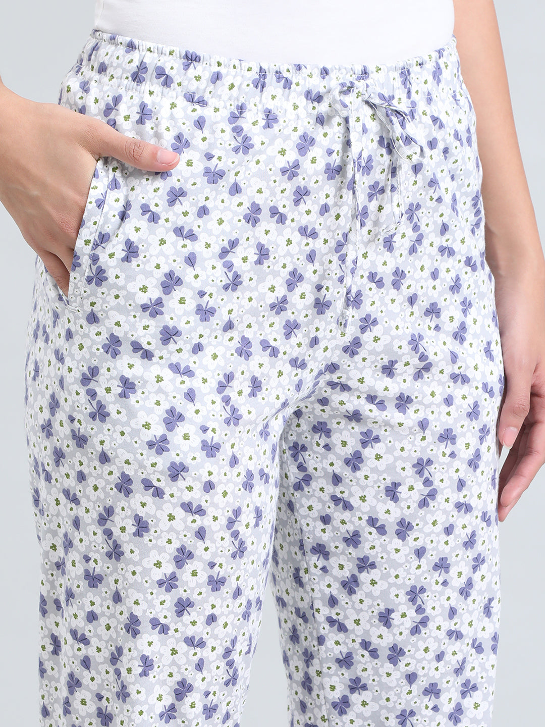 White Cotton Knit Printed Lounge Pants