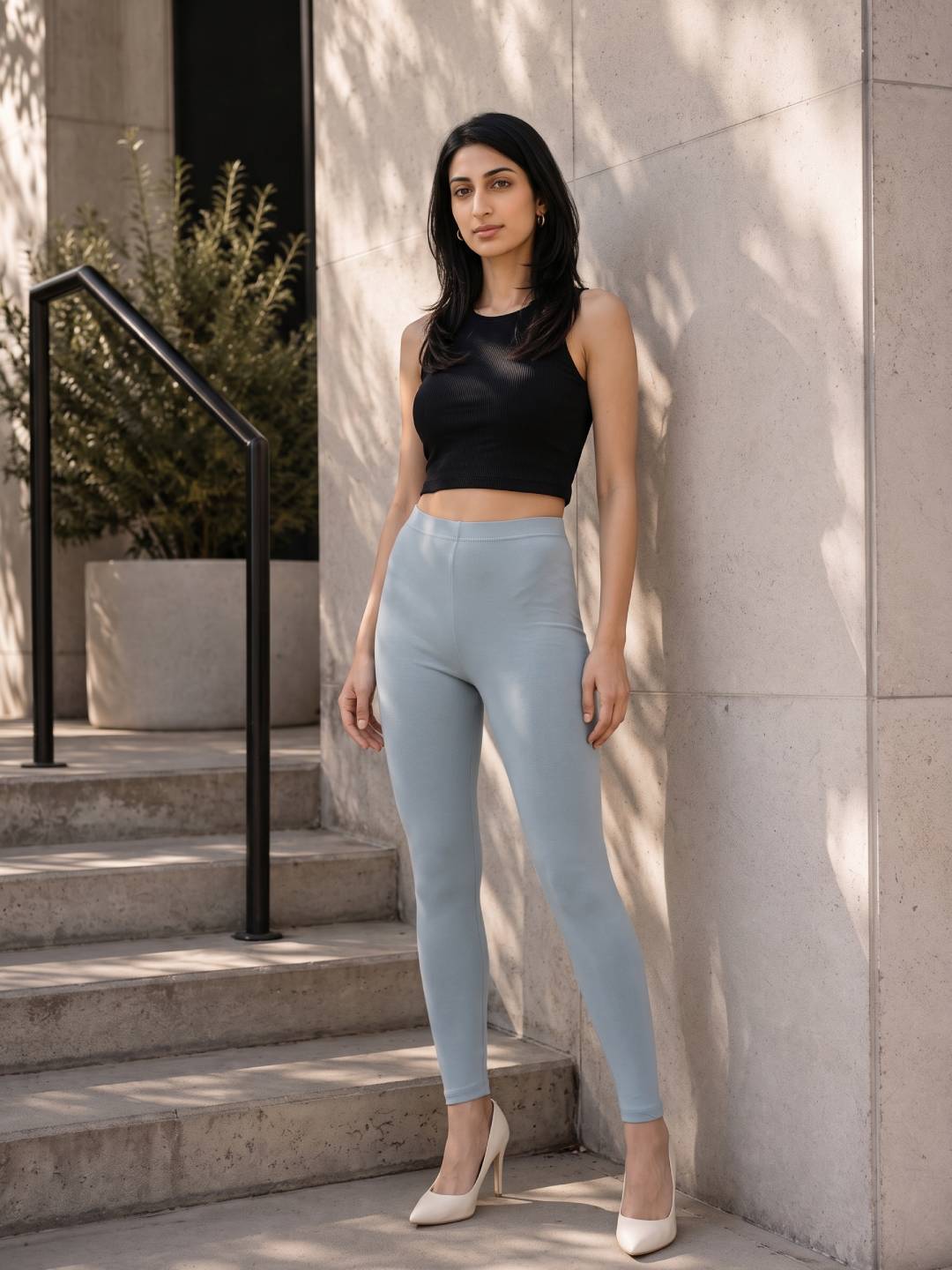 Dusty Blue Cotton Stretch Ankle Length Leggings