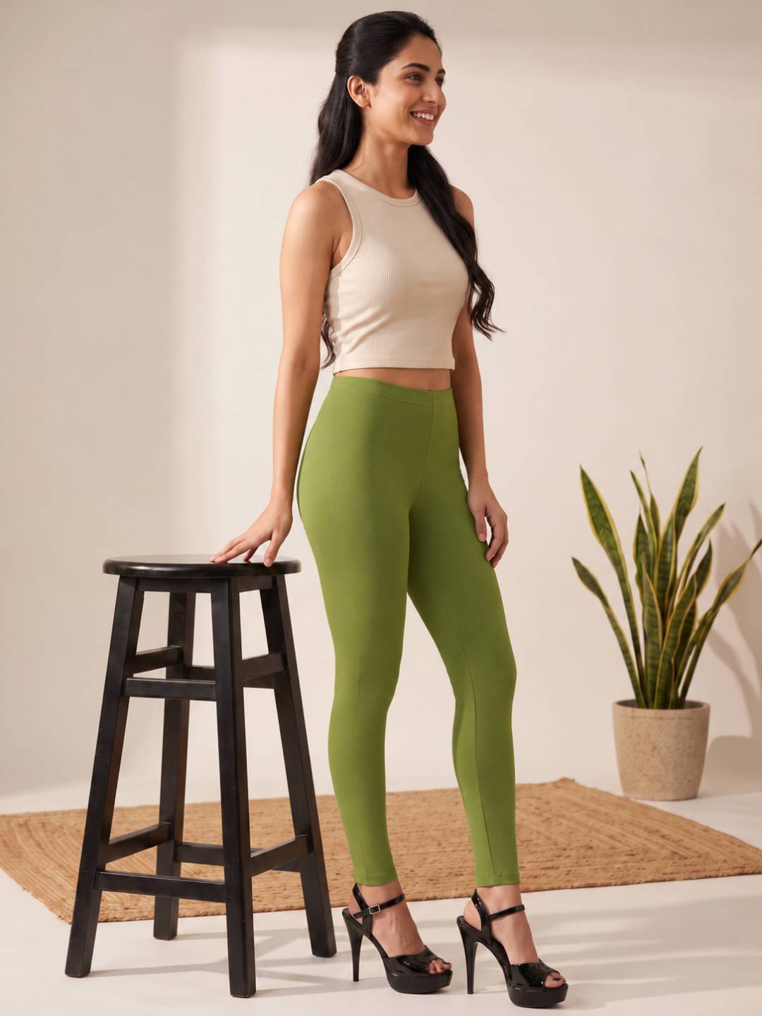 Pista Green Cotton Stretch Ankle Length Leggings