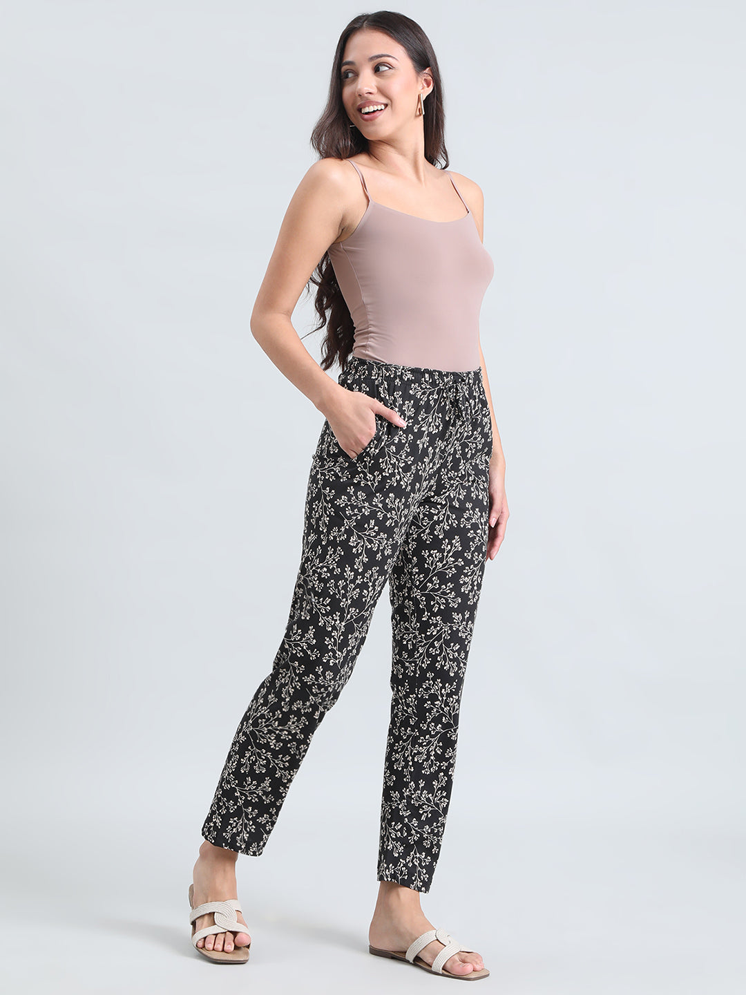 Black Cotton Knit Printed Lounge Pants