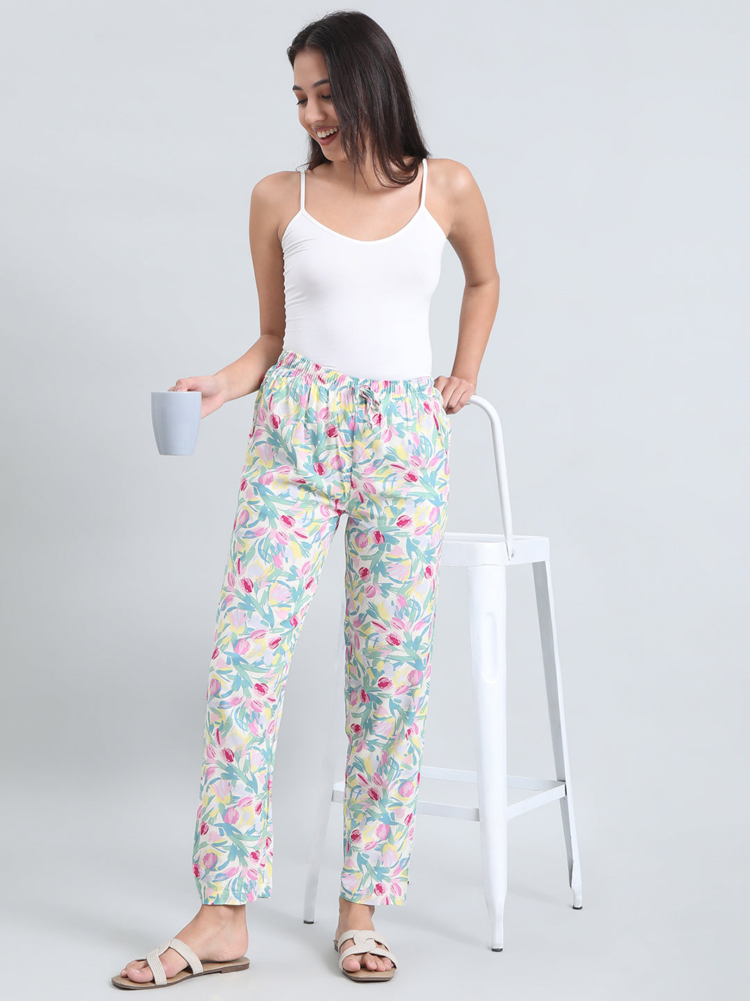 White Woven Viscose Printed Lounge Pants