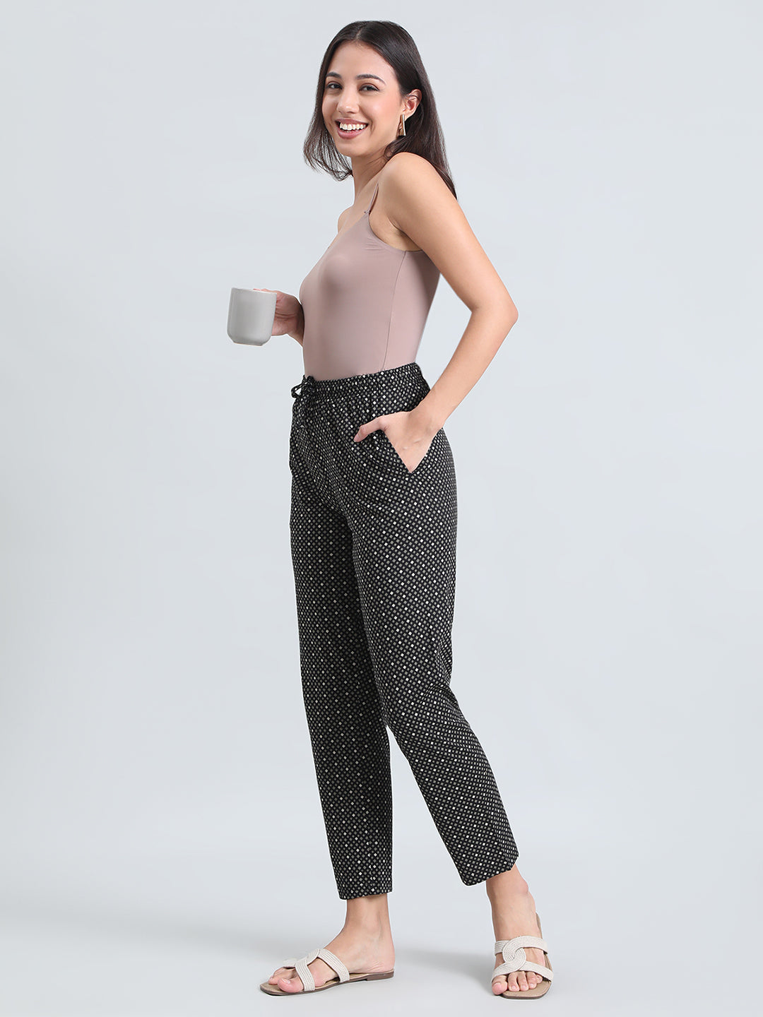 Black Cotton Knit Printed Lounge Pants