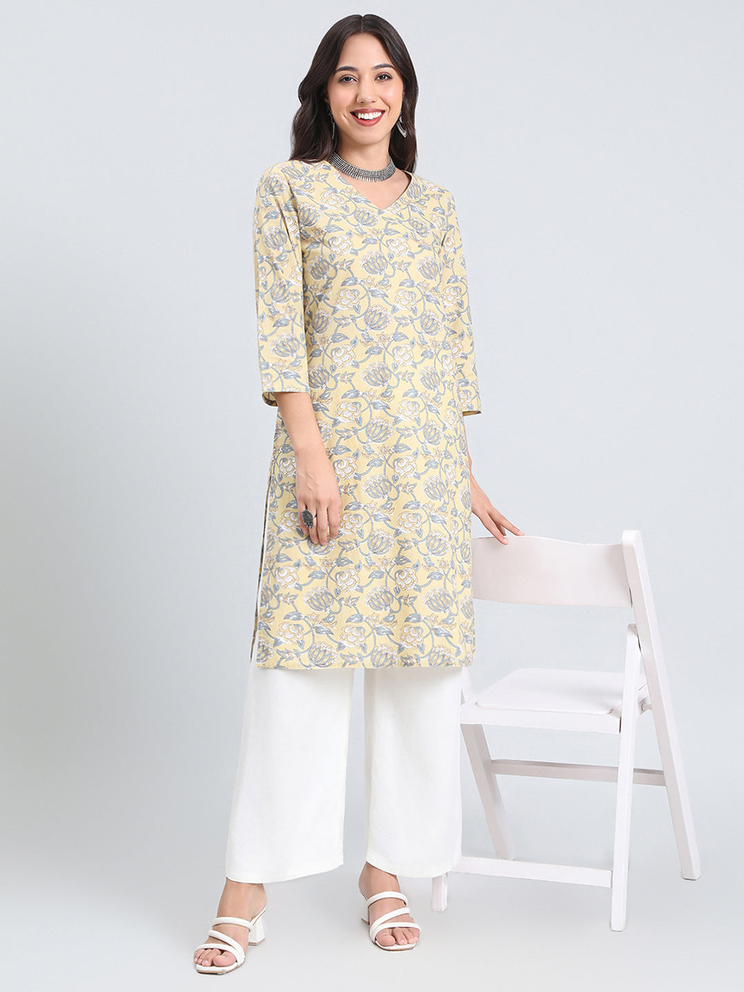 Cotton Floral Block Print Straight Kurta