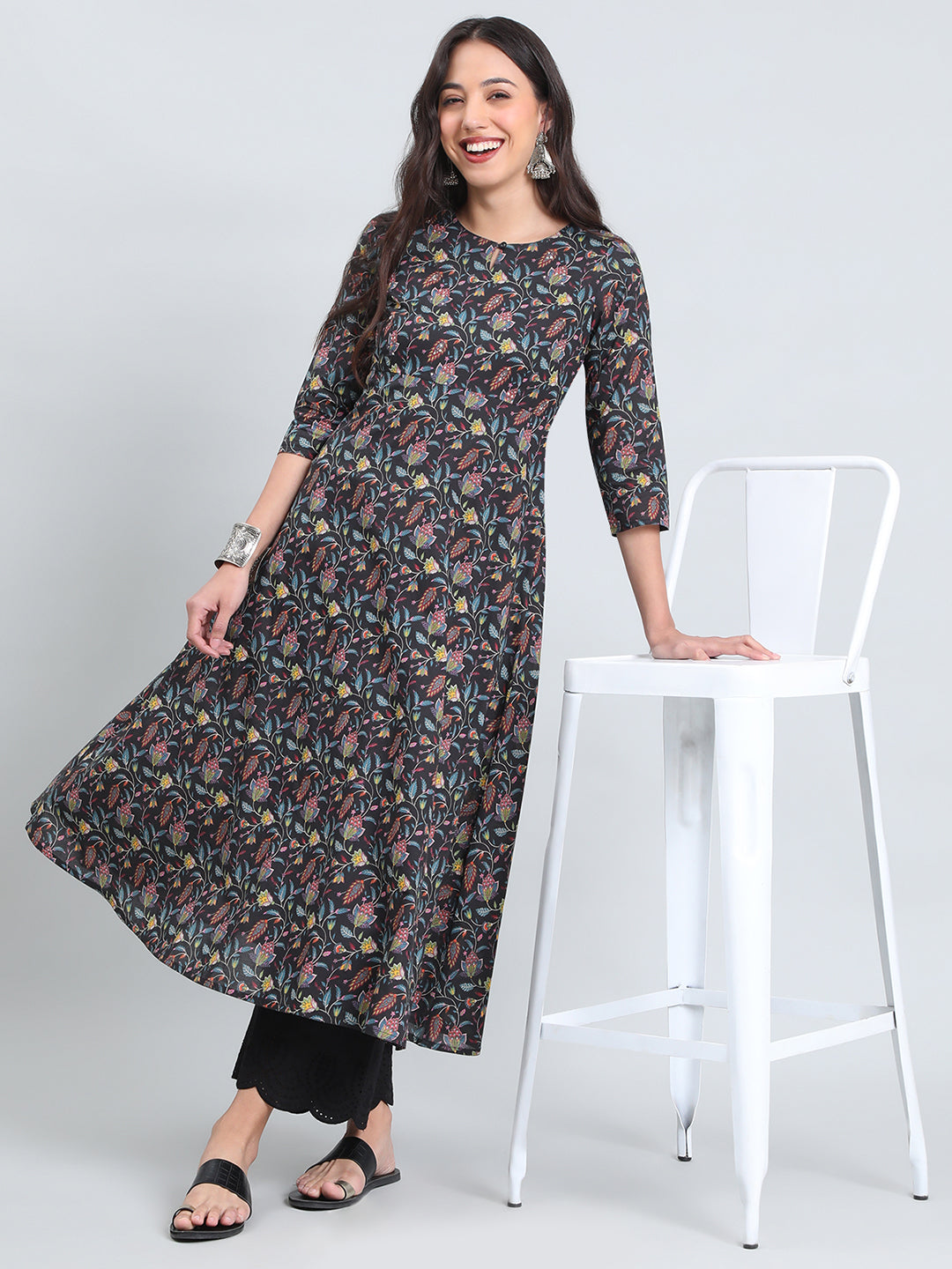 Cotton Jacobean Floral Print Anarkali