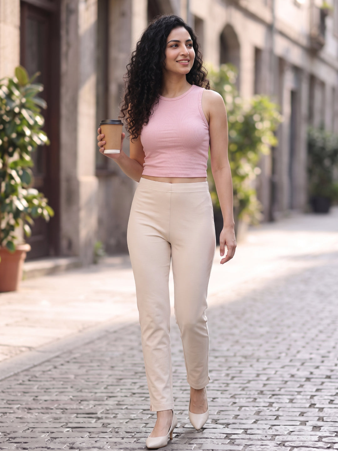 Light Beige Cotton Stretch Kurti Pants