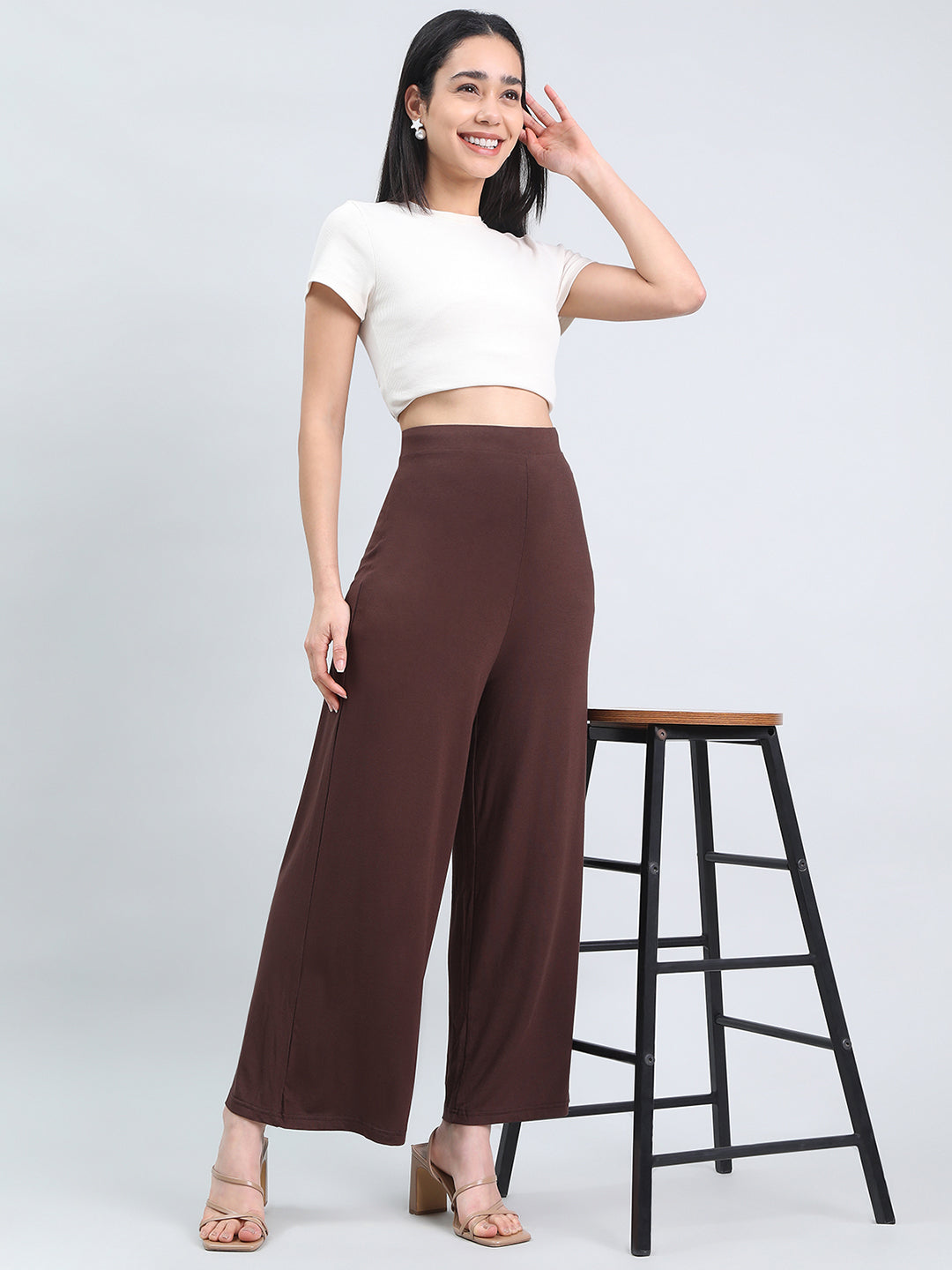 Dark Brown Viscose Knit Palazzo