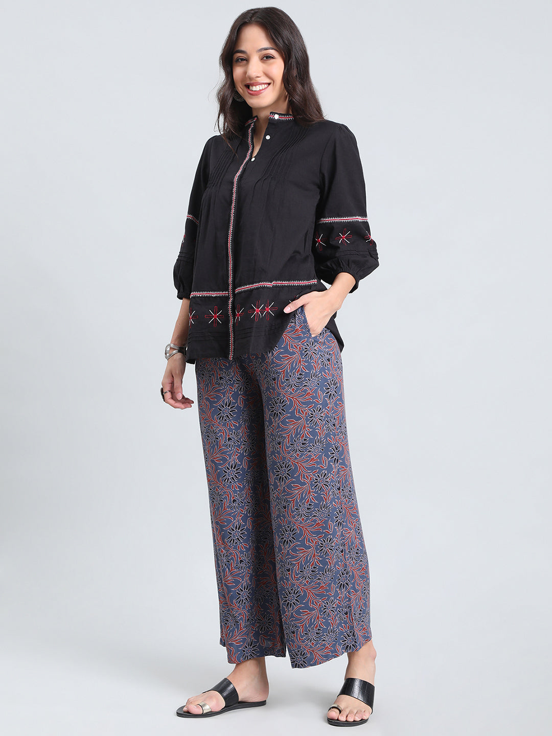 Navy Woven Viscose Printed Palazzo