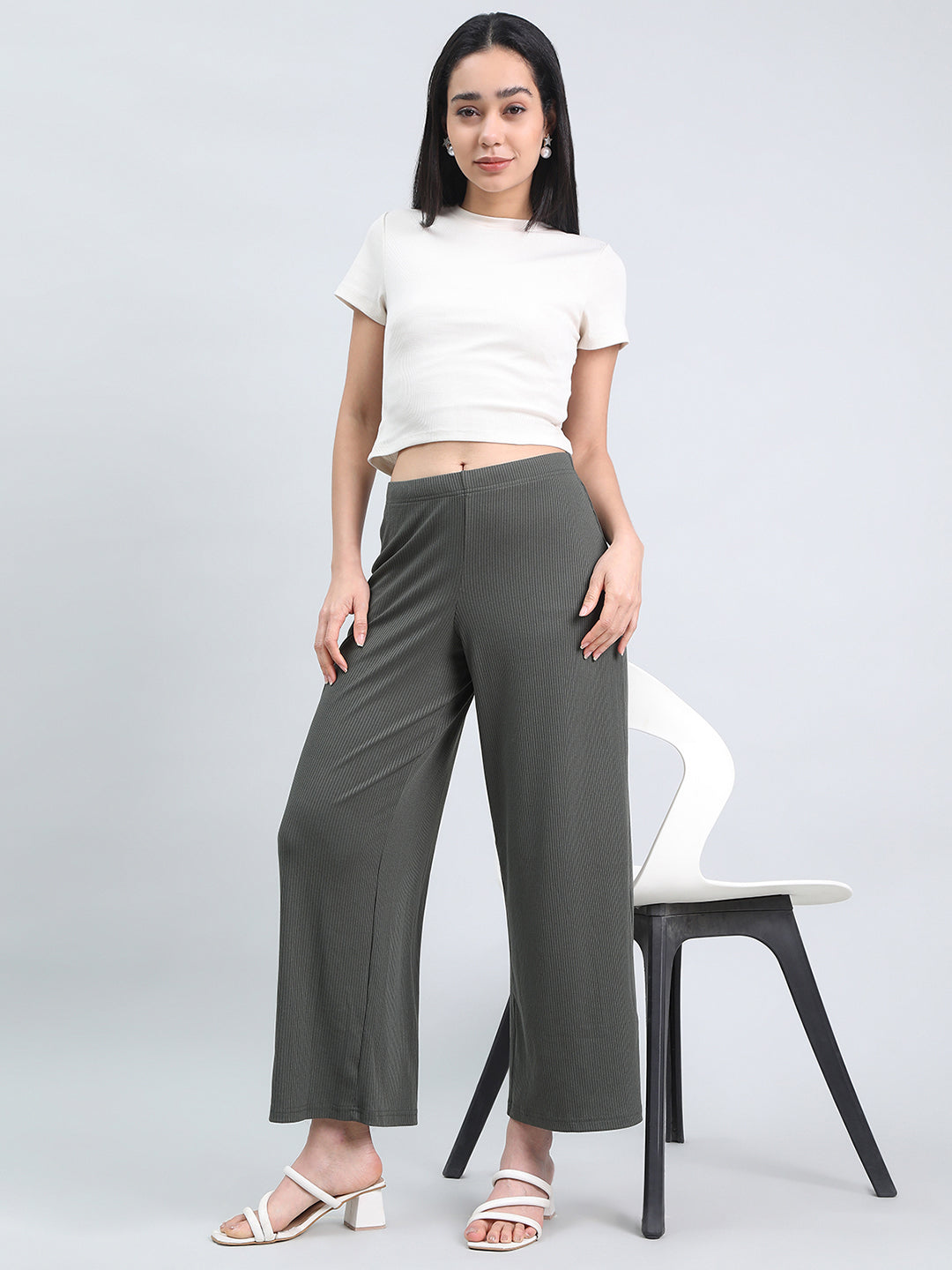 Olive Green Drop Needle Fabric Rib Palazzo