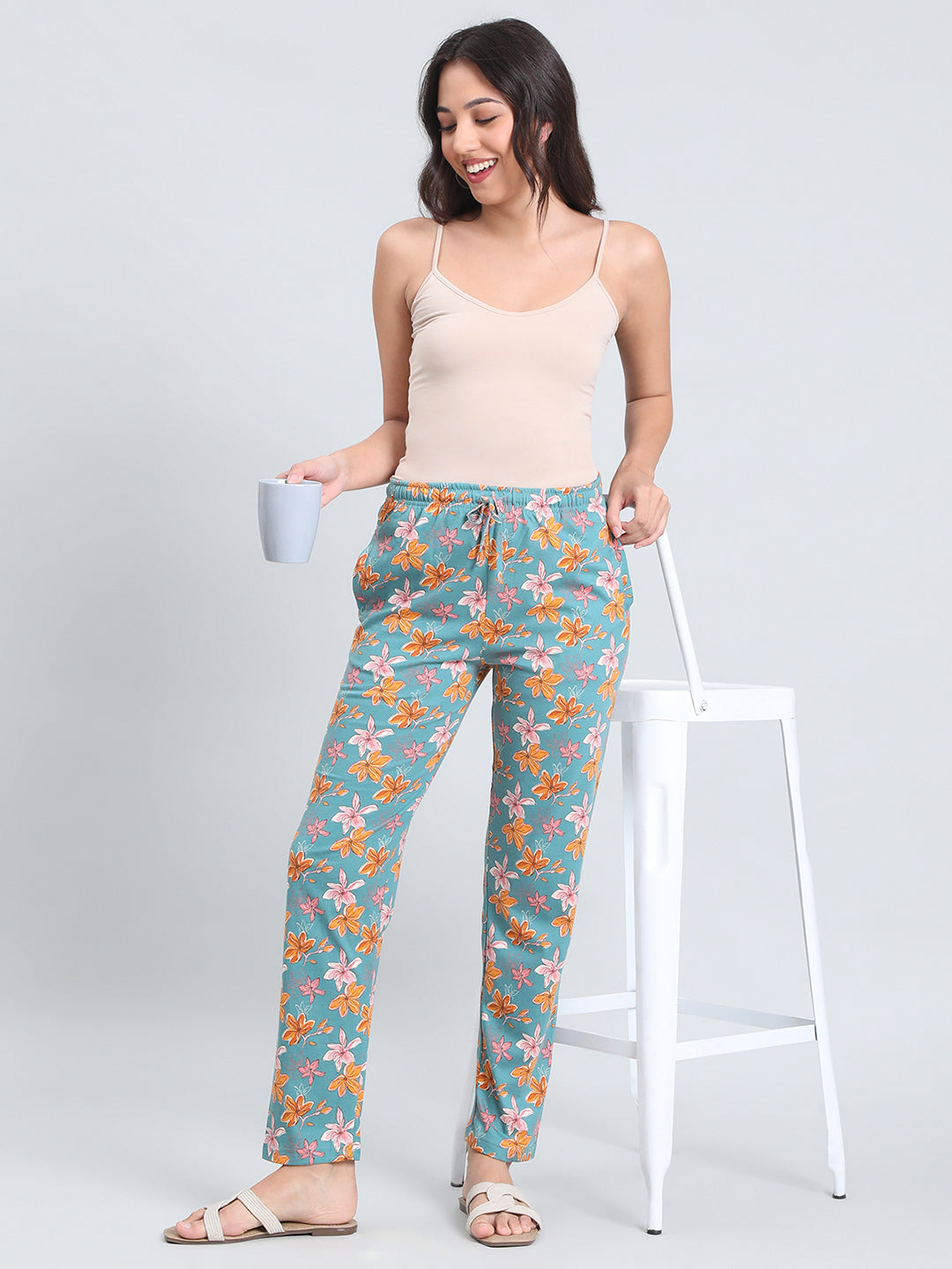 Green Cotton Knit Printed Lounge Pants