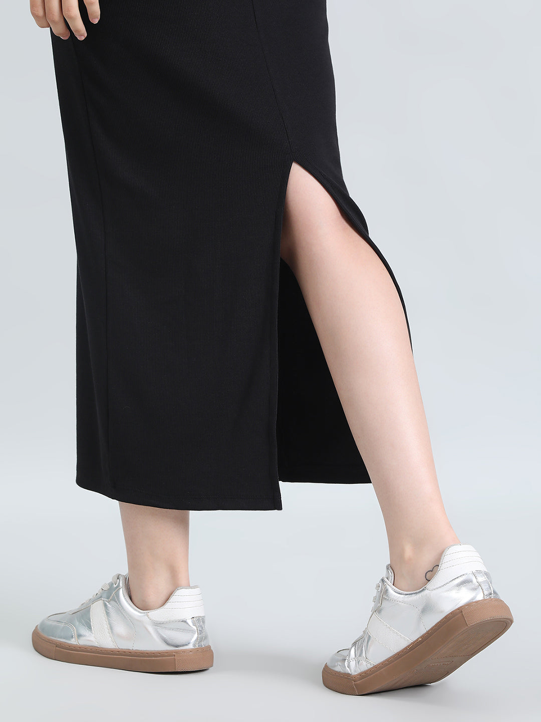 Rib Cotton Slim Fit Polo Neck Long Dress