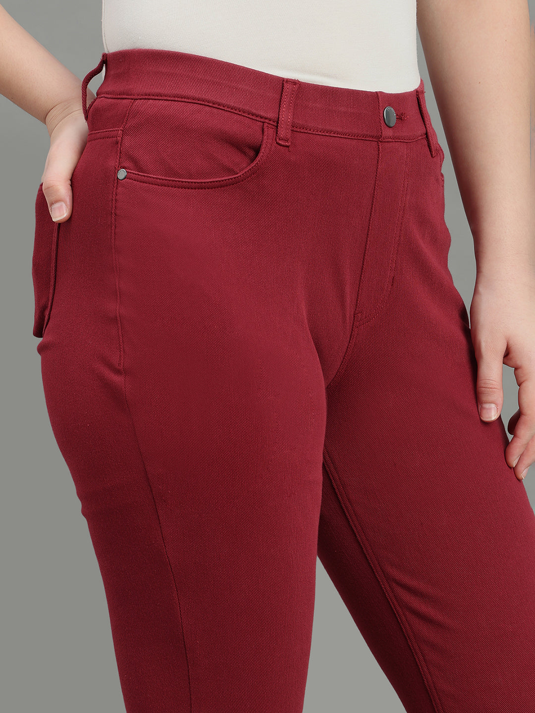 Bright Maroon Cotton Polyester Super Stretch Jeggings
