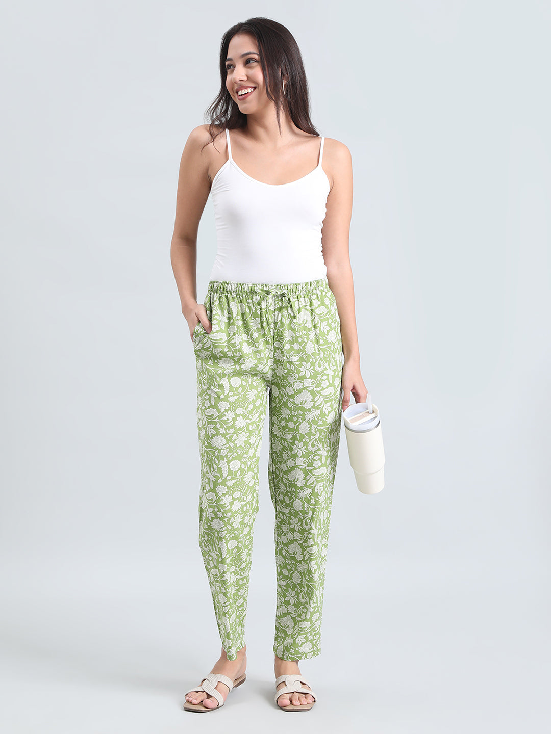 Light Green Woven Viscose Printed Lounge Pants