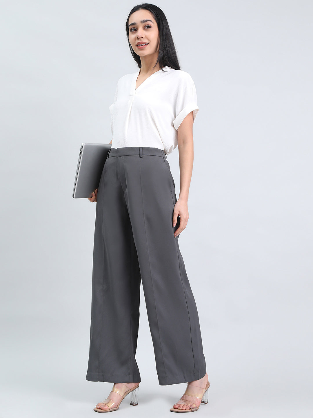 Silver Grey Chocolate Crepe Wide Trouser