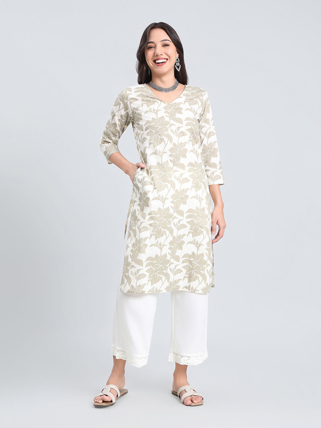 Cotton Floral Block Print Straight Kurta