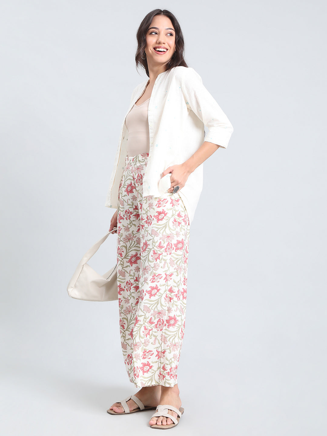 White Woven Viscose Printed Palazzo