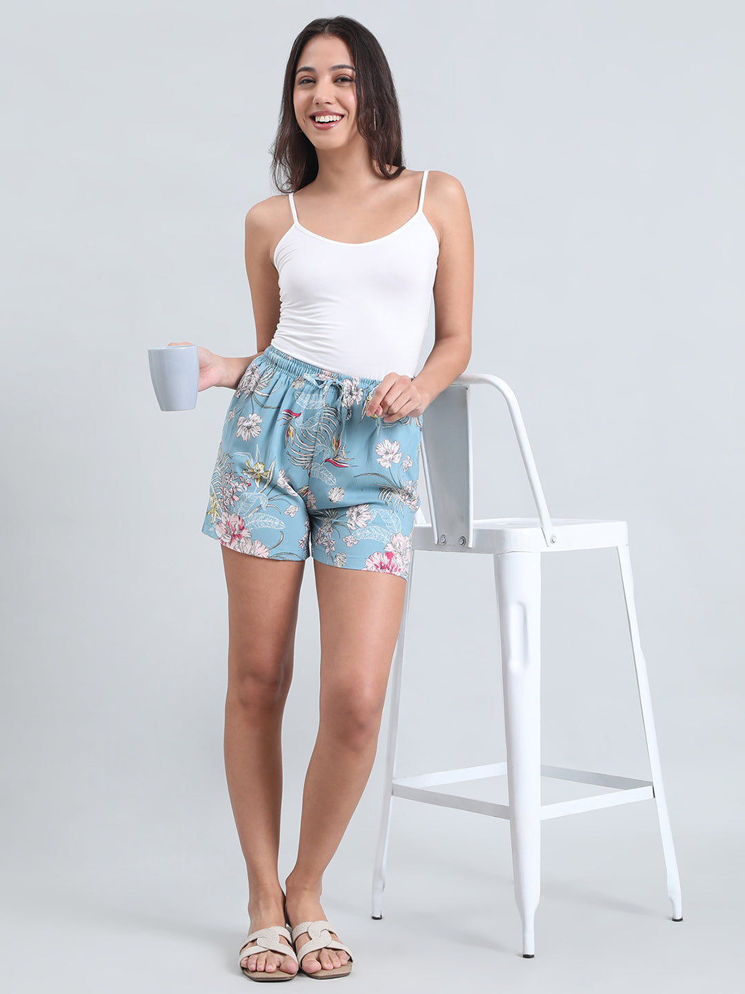 Blue Woven Viscose Printed Lounge Shorts