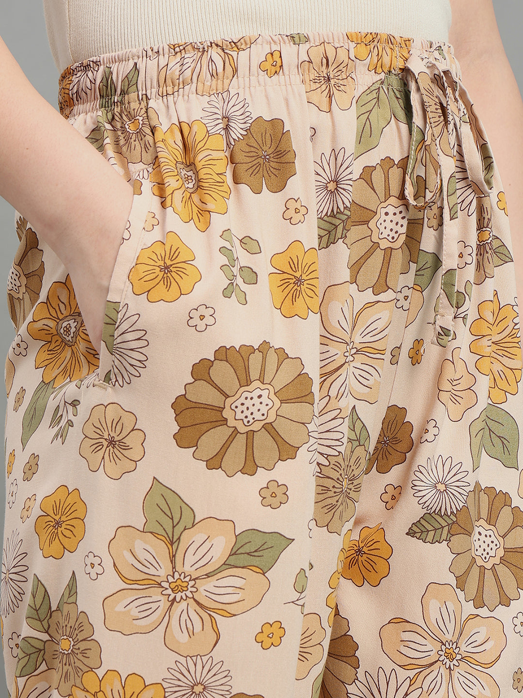 Beige Woven Viscose Printed Lounge Pants