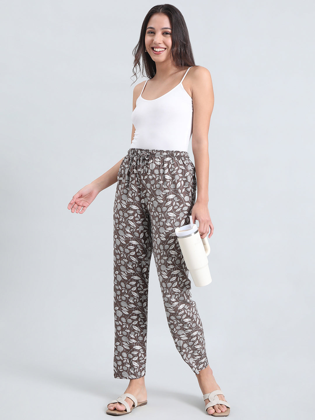 Brown Woven Viscose Printed Lounge Pants