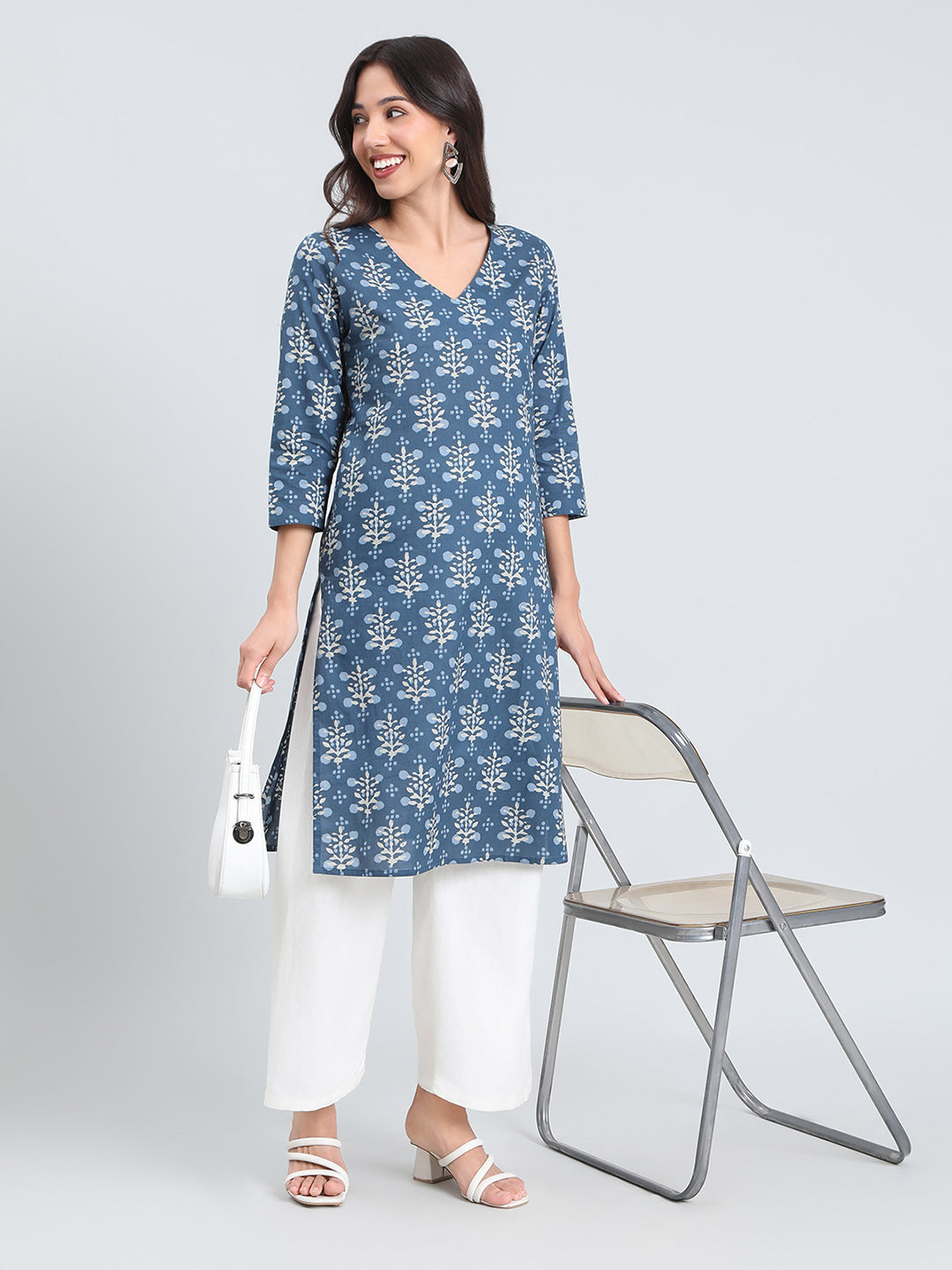 Cotton Floral Block Print Straight Kurta
