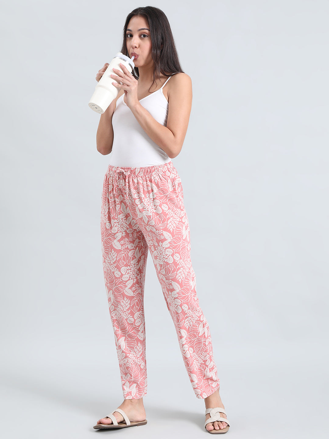Medium Pink Woven Viscose Printed Lounge Pants