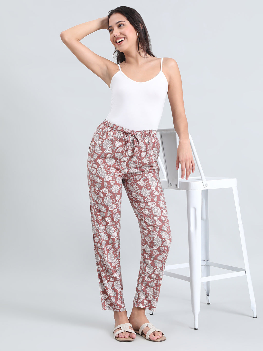 Brown Woven Viscose Printed Lounge Pants