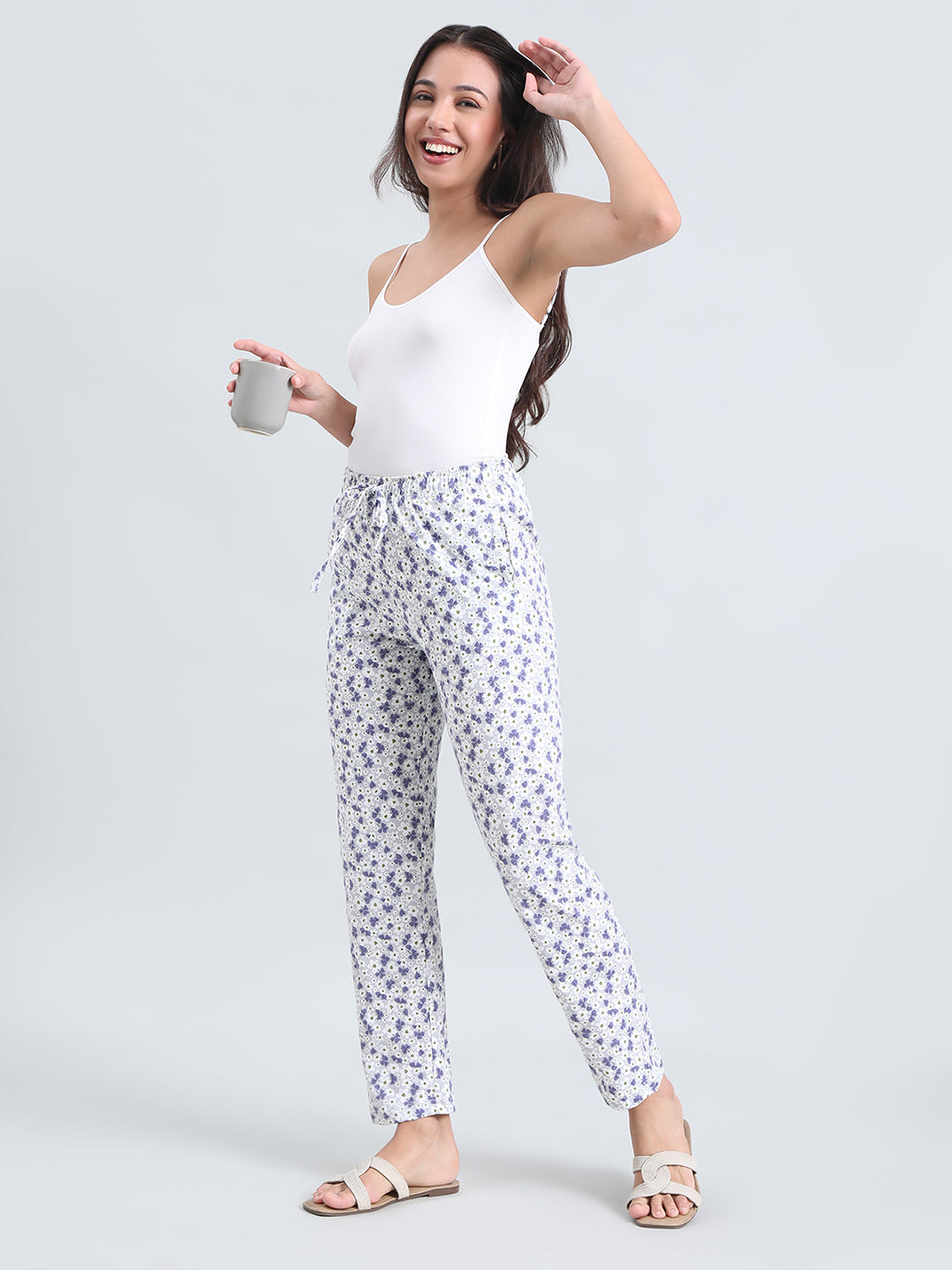 White Cotton Knit Printed Lounge Pants