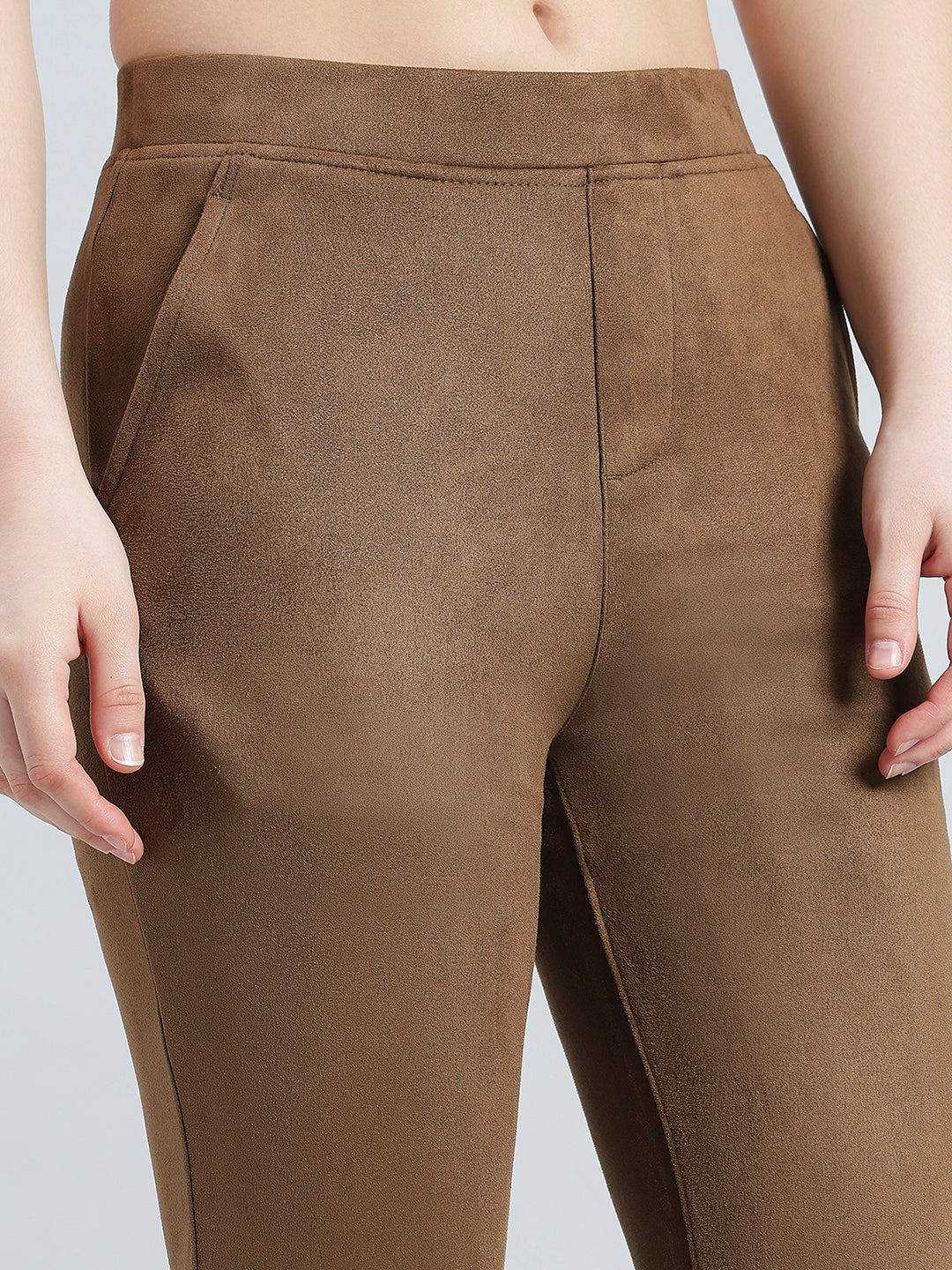 Brown Poly Stretch Suede Tregging