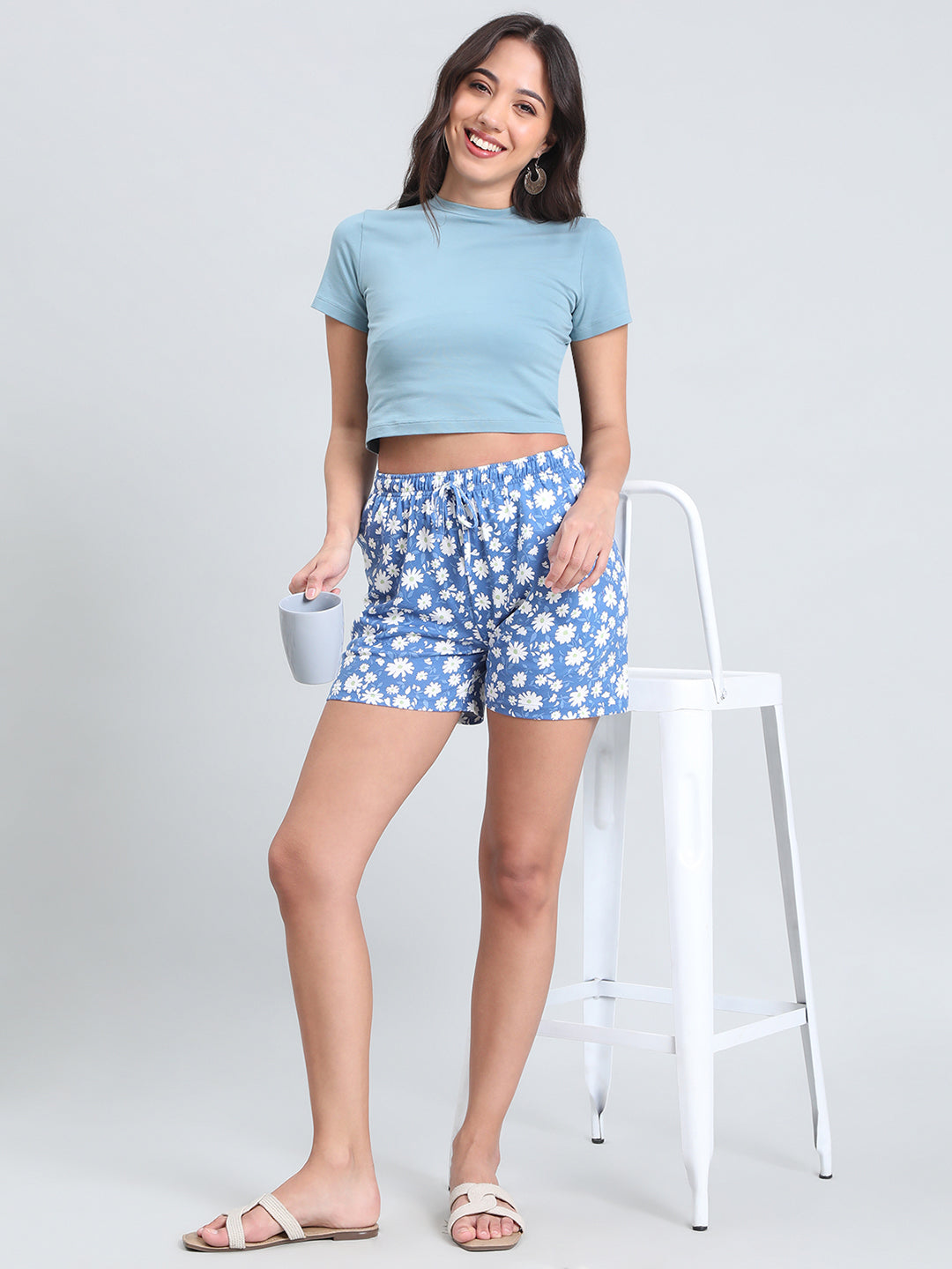 Blue Cotton Knit Printed Lounge Shorts