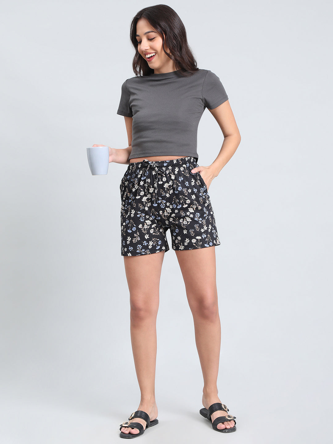 Black Cotton Knit Printed Lounge Shorts