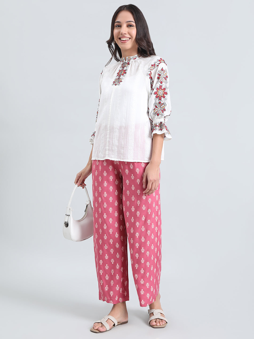 Medium Pink Woven Viscose Printed Palazzo