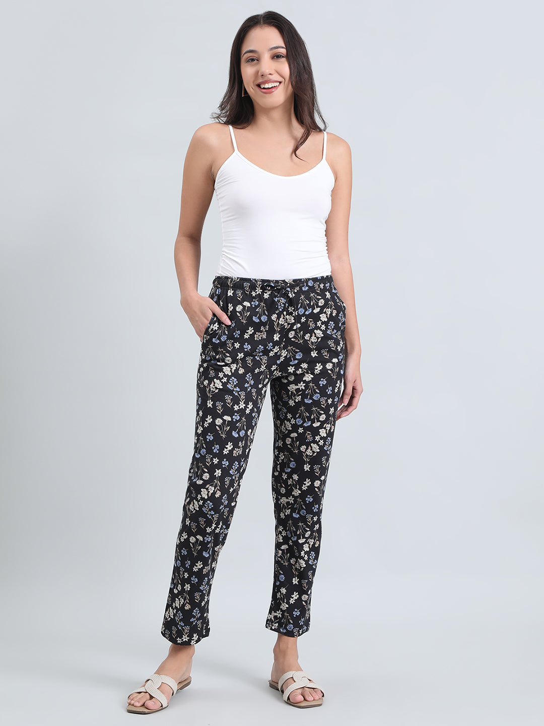 Black Cotton Knit Printed Lounge Pants