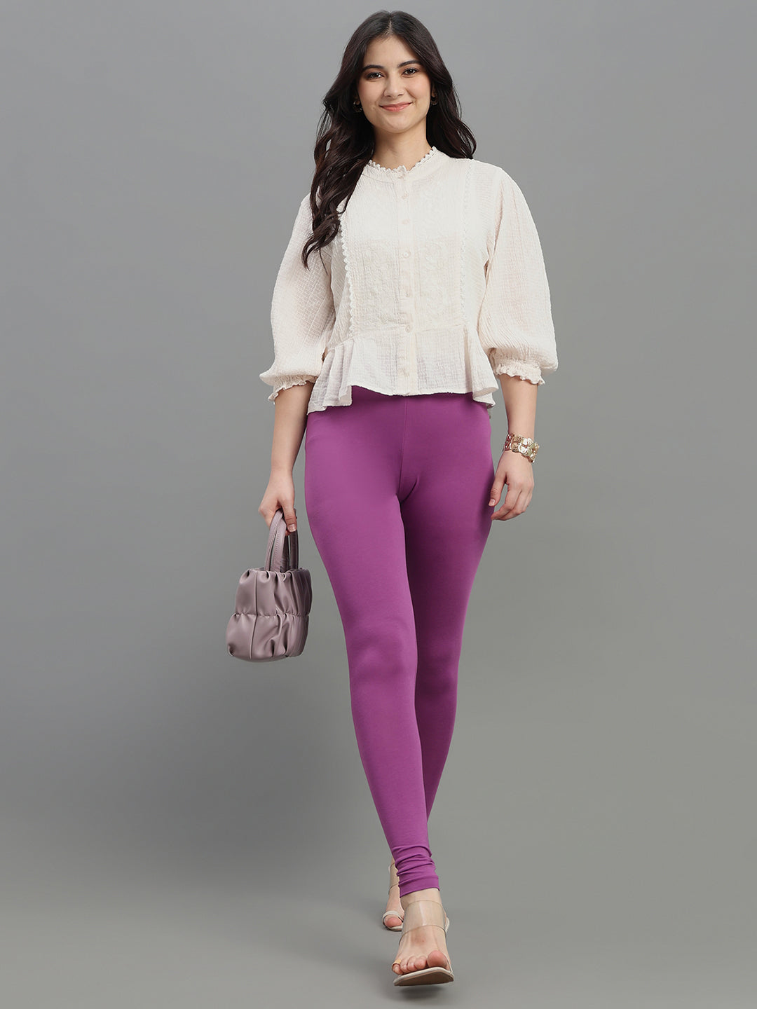 Dark Lilac Cotton Stretch Ankle Length Leggings