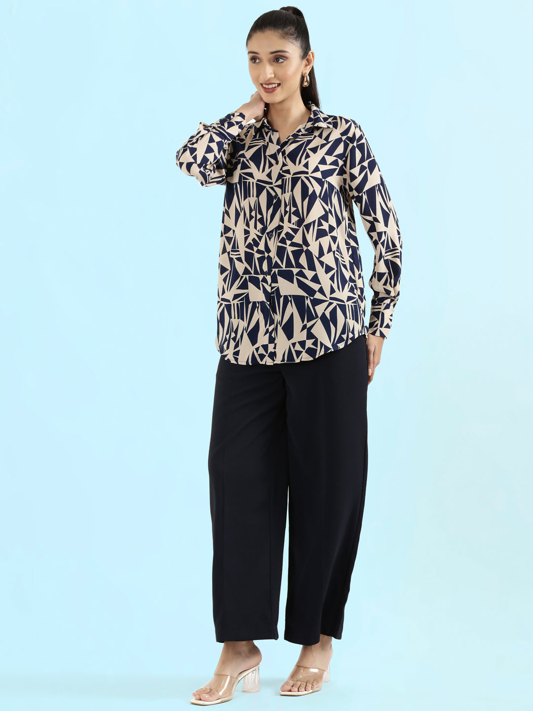 Crepe Classic Collar Printed Long Shirt