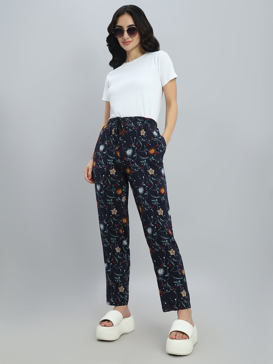 Navy Woven Viscose Printed Lounge Pants