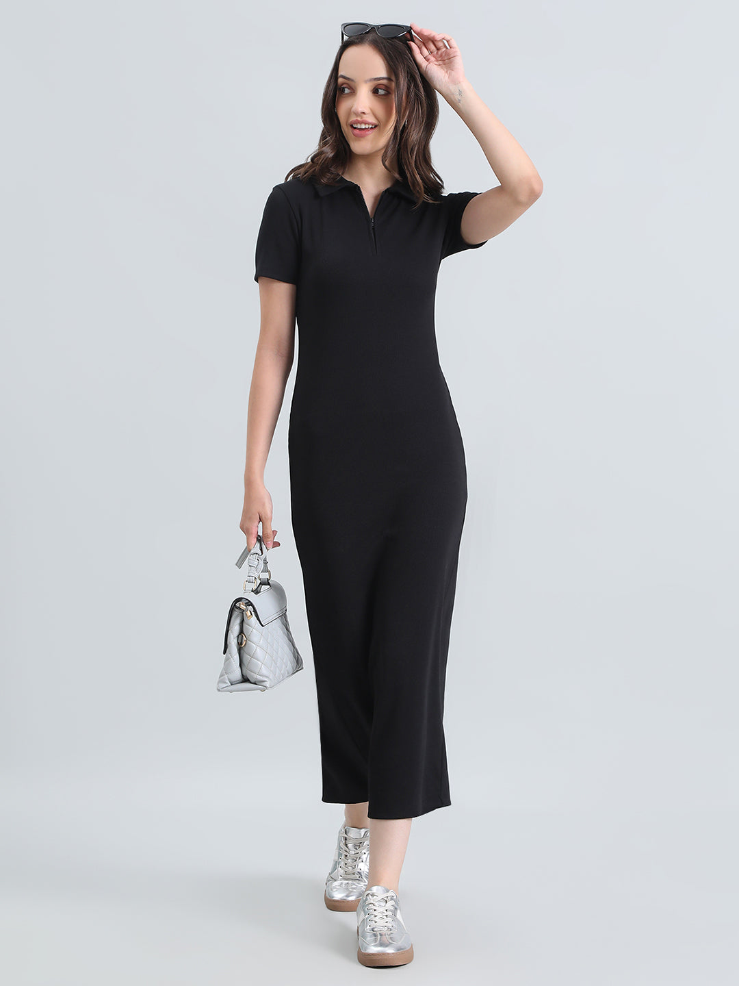 Rib Cotton Slim Fit Polo Neck Long Dress