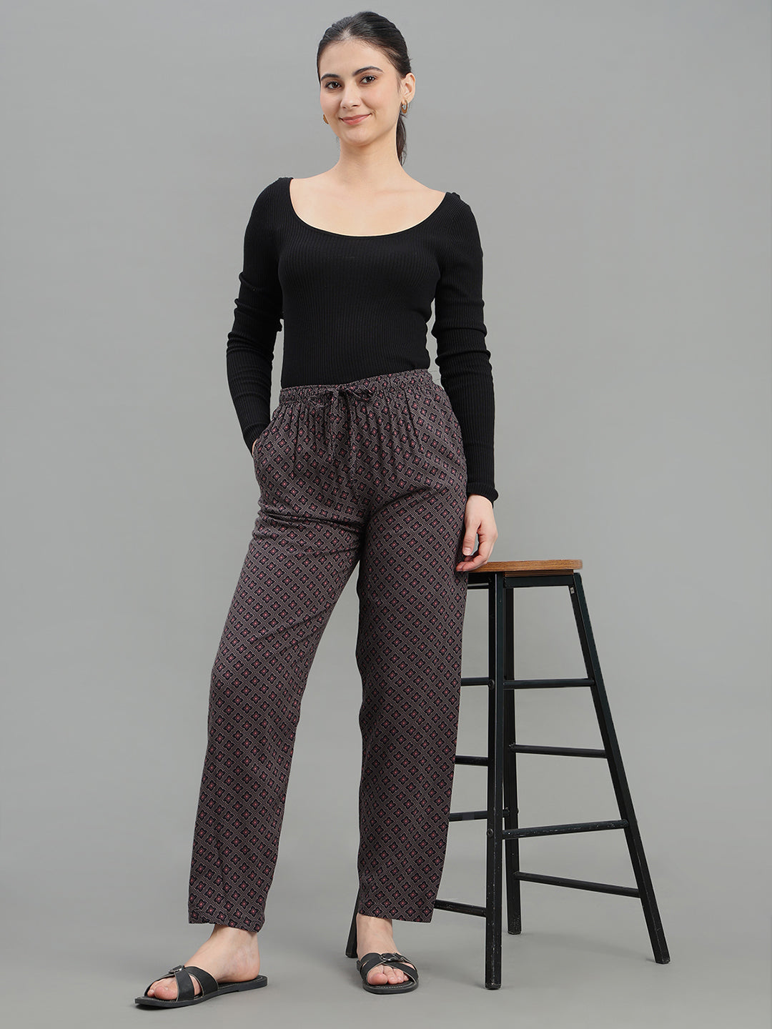 Black Woven Viscose Printed Lounge Pants