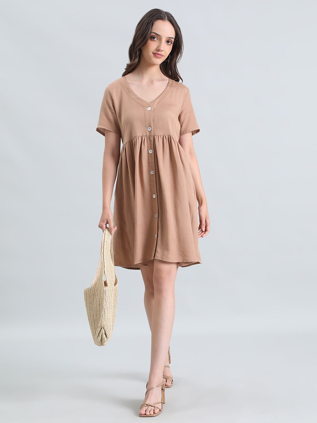 Linen V-Neck Regular Fit Short Dress