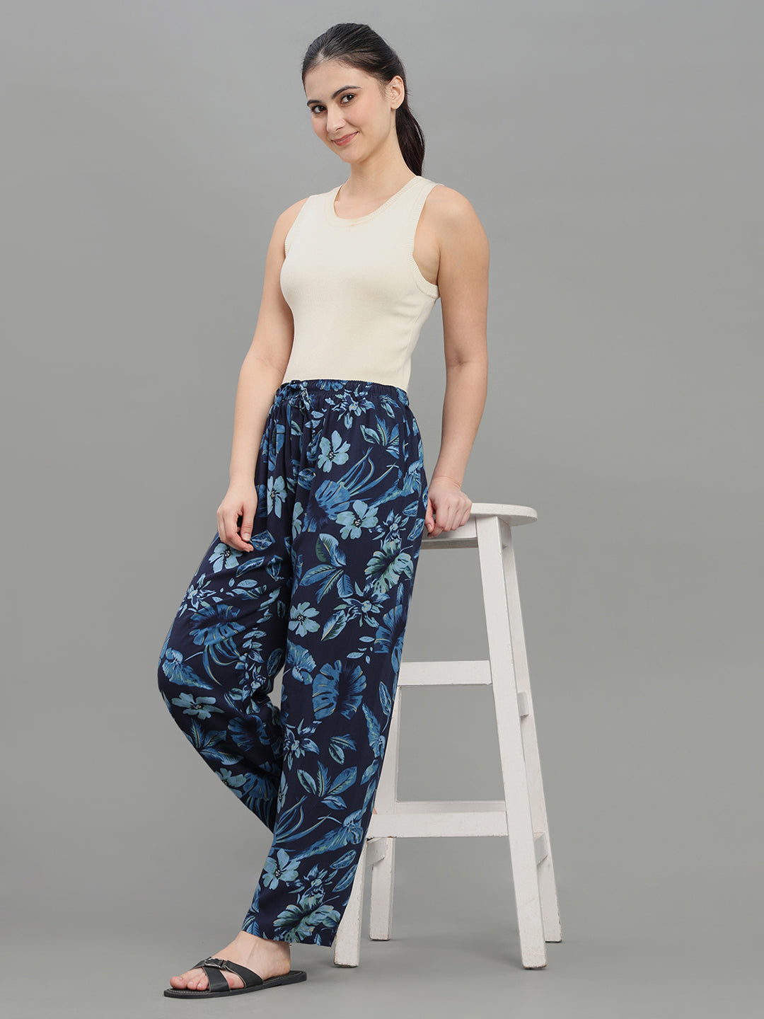 Navy Woven Viscose Printed Lounge Pants