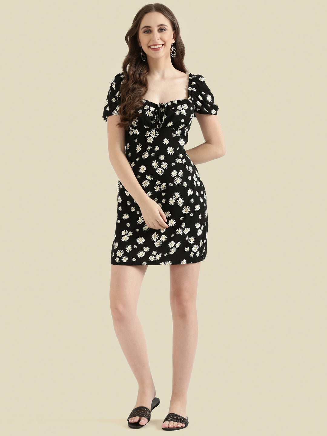 Viscose Sweetheart Neck Printed Short Dress