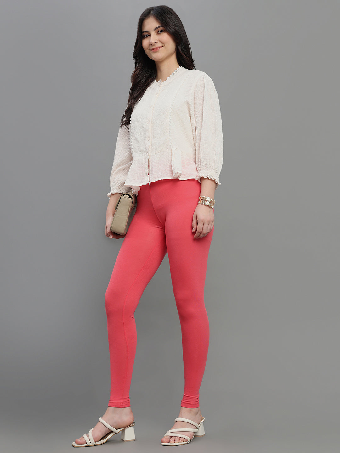 Blush Coral Cotton Stretch Ankle Length Leggings