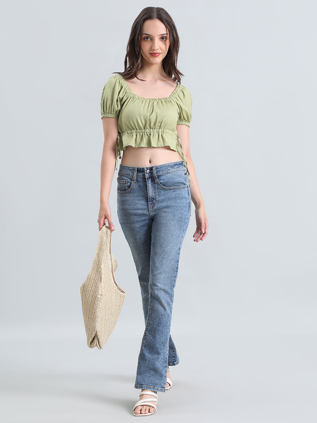 Linen Blend Square Neck Cropped Gathered Blouse