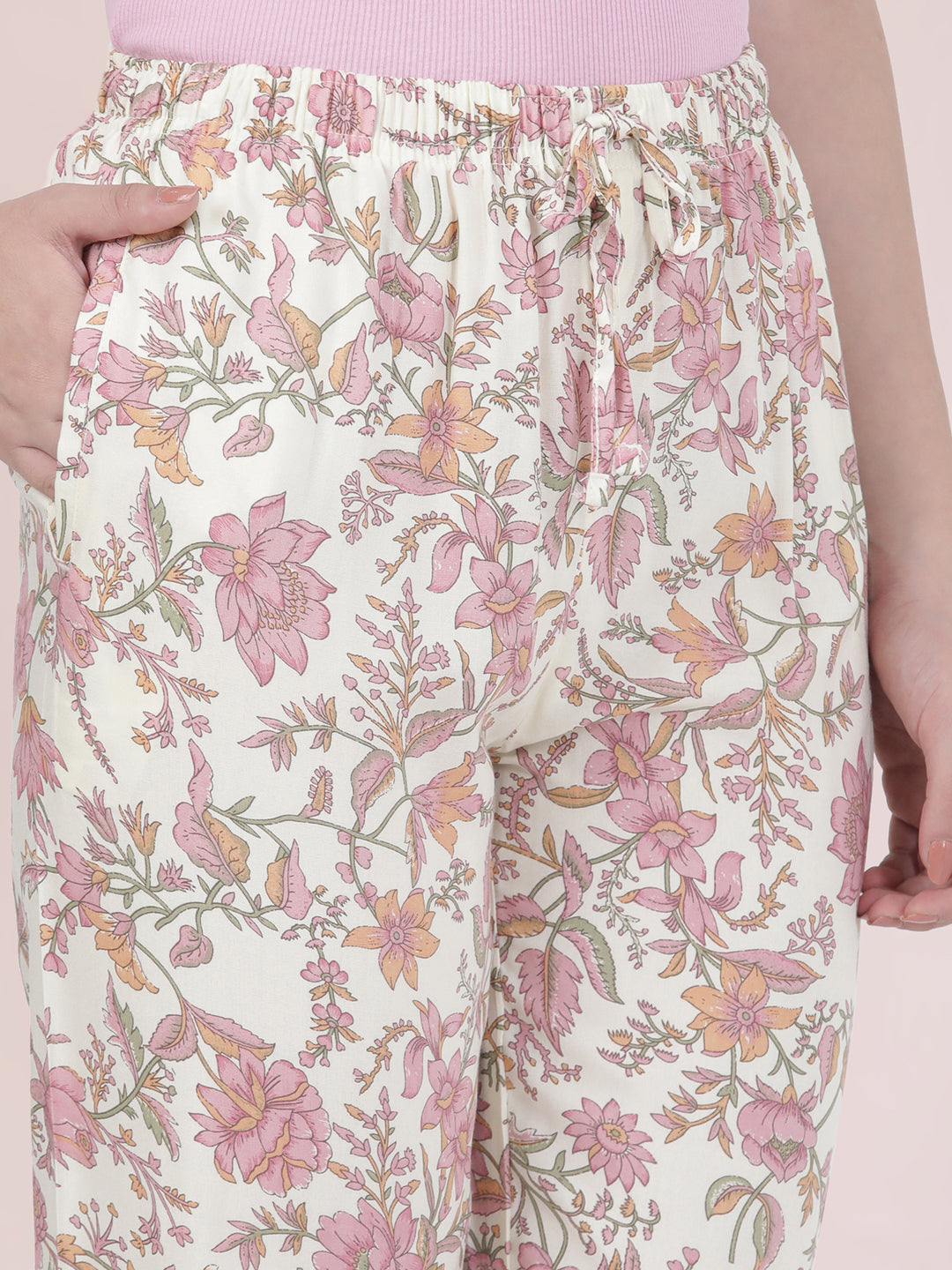 White Woven Viscose Printed Lounge Pants