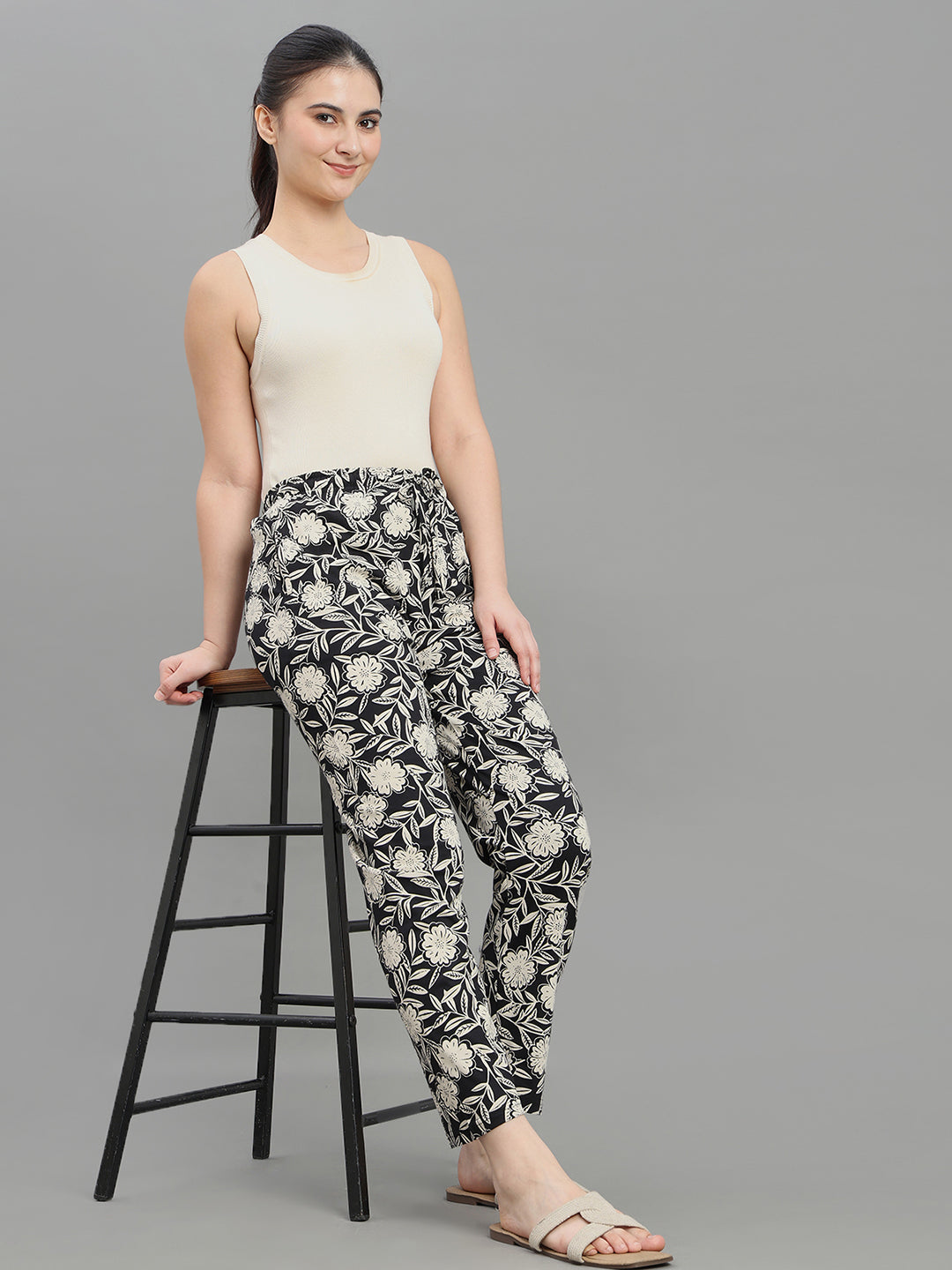 Black Cotton Knit Printed Lounge Pants